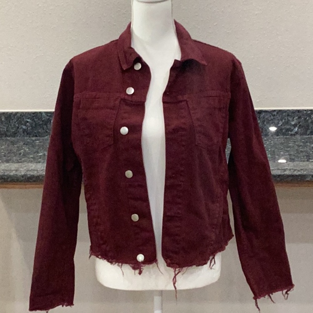 Preowned L’AGENCE Cotton Denim Jacket Maroon Red Size Large (Item#H025)